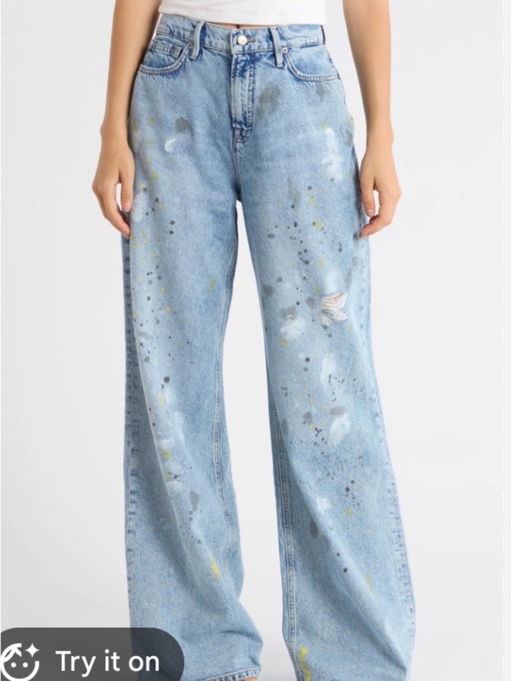 Good American Ease Light Wash Denim Jeans with Paint Flecks 29